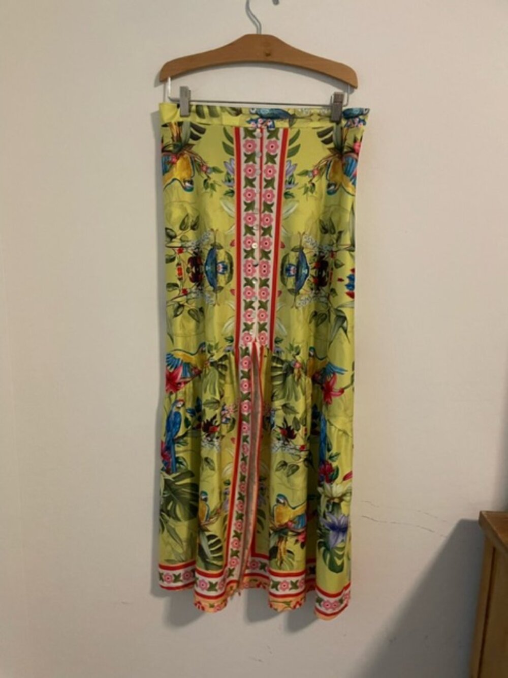 Love U Dear Womens Size L Yellow/lime green Floral Maxi Skirt w/birds - EUC